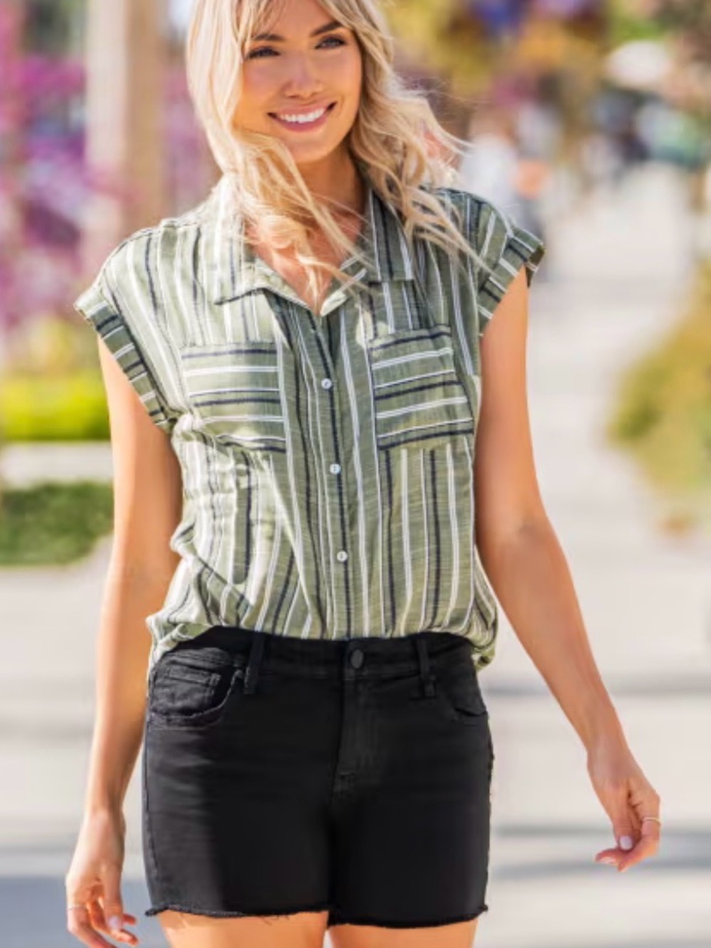 Kut from the Kloth Olive Green Striped Cap-Sleeve Button Shirt